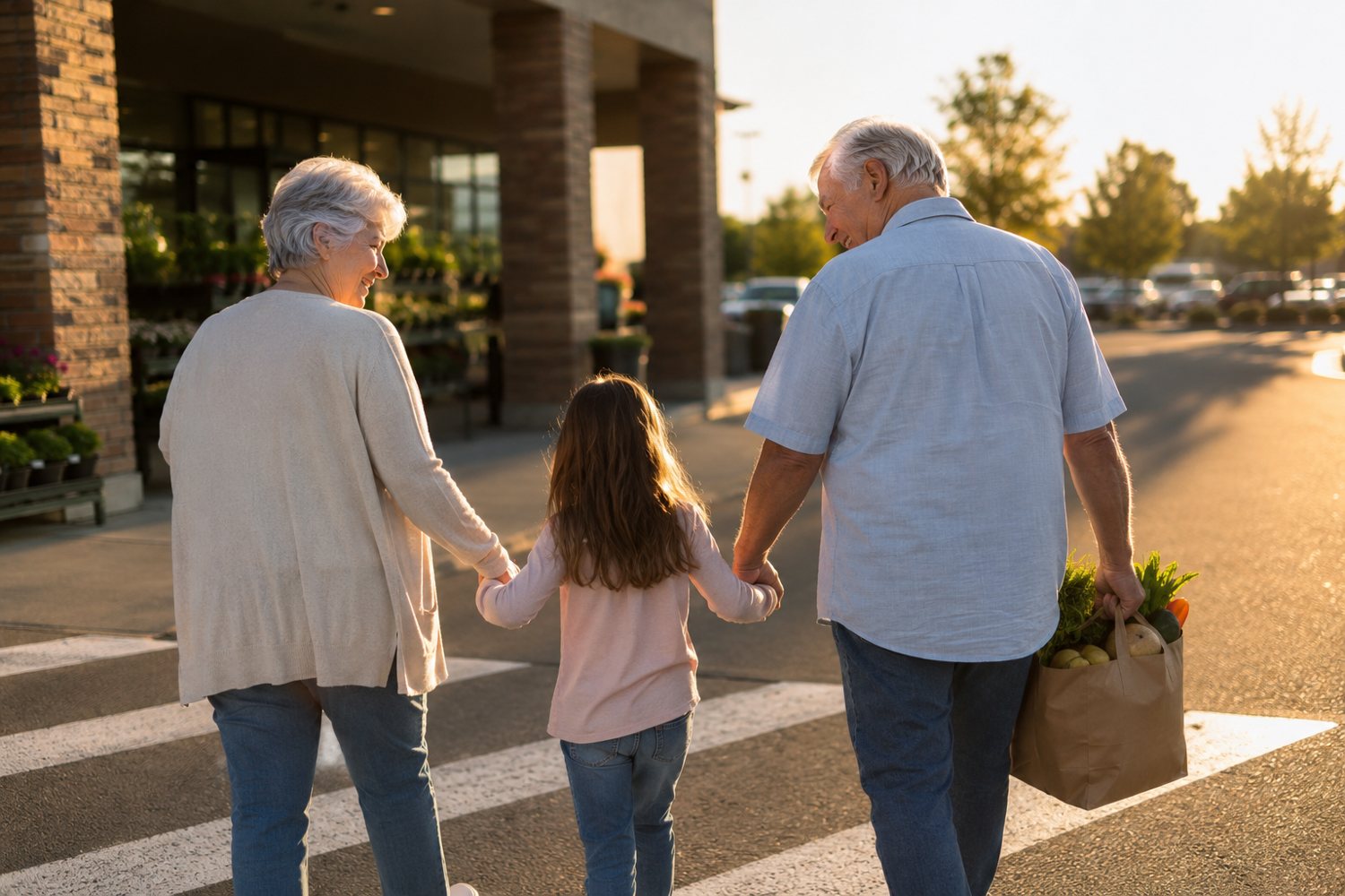 Grandparents walking out of a store with their granddaughter, holding hands