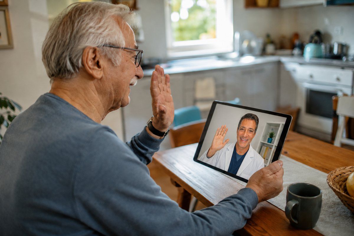 An older man at his kitchen table, waving to a doctor on a tablet screen during a video visit
